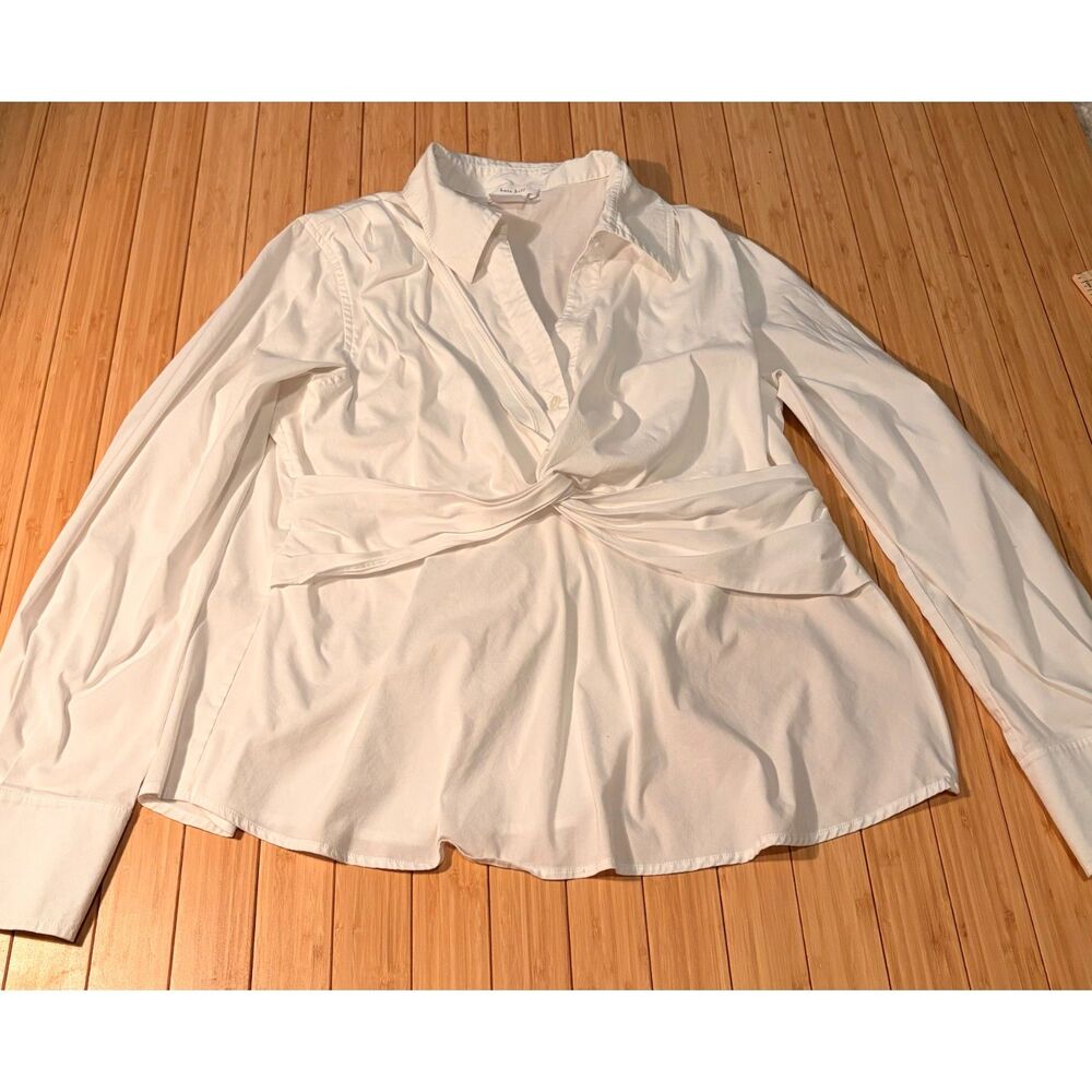 Kate Hill White Button Down Shirt Size 12 Tie Waist Long Sleeve Blouse
